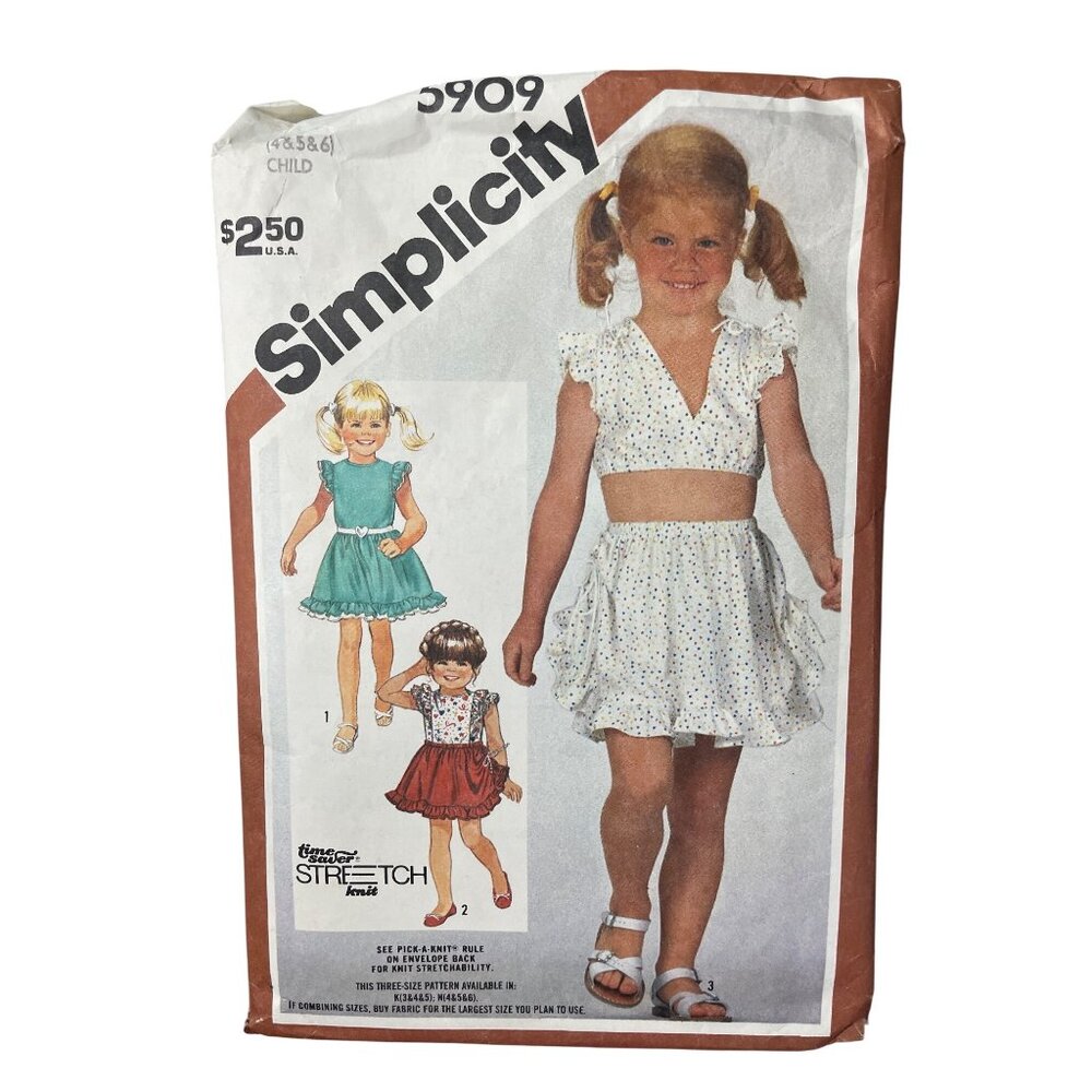 80s Simplicity 5909 Sewing Pattern Size 4-5-6 Kids Skirt Pullover Top UNCUT